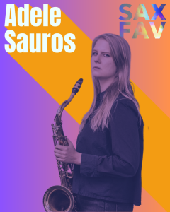 Adele Sauros, saxofonista de jazz, posando, representando la innovación y la fuerza femenina en el mundo del jazz.