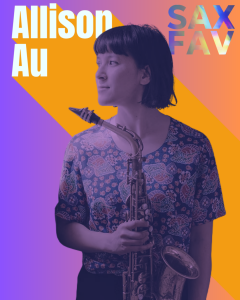 Allison Au, saxofonista de jazz, posando, representando la innovación y la fuerza femenina en el mundo del jazz.