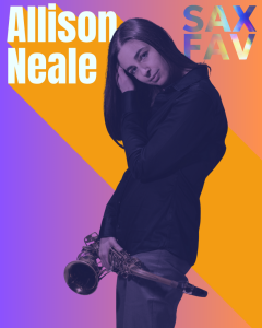 Allison Neale, saxofonista de jazz, posando, representando la innovación y la fuerza femenina en el mundo del jazz.