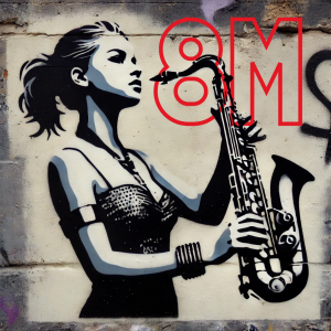 Mujer saxofonista en arte callejero estilo stencil, con un saxofón en mano y un mensaje de empoderamiento para el Día Internacional de la Mujer. Representación visual de la presencia femenina en el jazz y la música. #8M #MujeresEnElJazz