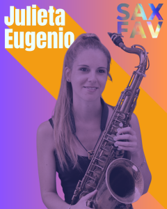 Julieta Eugenio, saxofonista de jazz, posando, representando la innovación y la fuerza femenina en el mundo del jazz.
