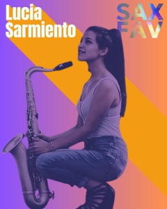 Lucia Sarmiento, saxofonista de jazz, posando, representando la innovación y la fuerza femenina en el mundo del jazz.