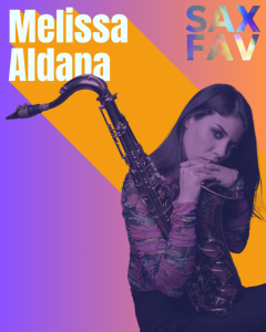 Melissa Aldana, saxofonista de jazz, posando, representando la innovación y la fuerza femenina en el mundo del jazz.